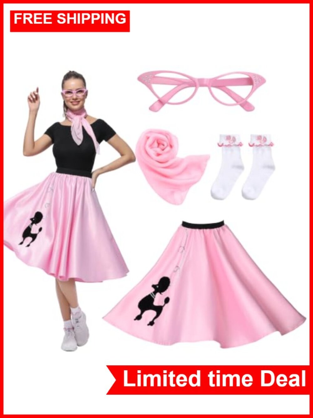 Women's 1950s Poodle Skirt Costume Set with Scarf, Glasses & Socks